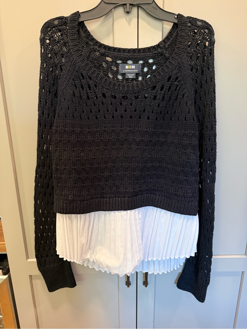 Maeve Black Open-Knit Crew Sweater with White Pleated Hem Panel